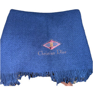 Christian Dior Wool Oblique Throw Blanket Navy Embroidered Logo 1980-1990's